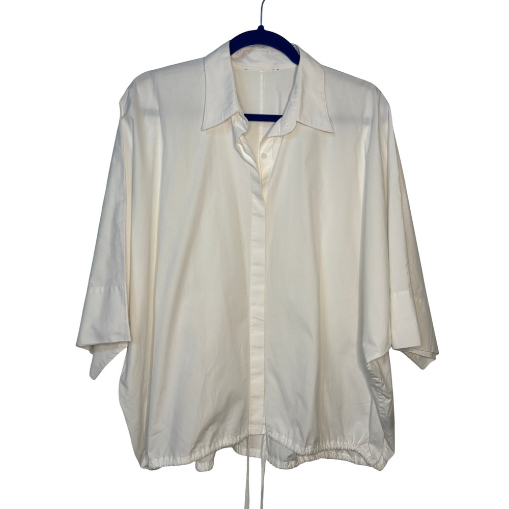 Lauren Ralph Lauren White Cotton Poplin Oversized Drawstring Hem Blouse Top